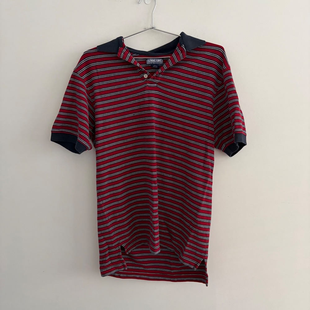 Structure Mens Red Black Striped Short Sleeve Polo Shirt Small